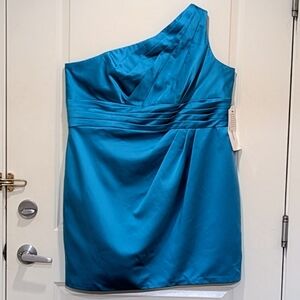 NWT David's Bridal 20 Turquoise Satin One Shoulder Bridesmaid Mini Dress